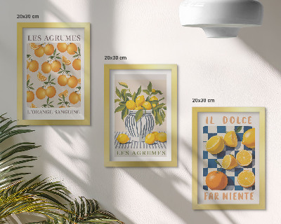 Trittico incorniciato Frutta agrumata in stile retrò con accenti gialli