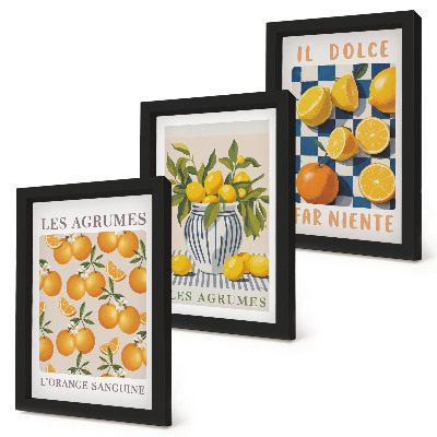 Trittico incorniciato Frutta agrumata in stile retrò con accenti gialli