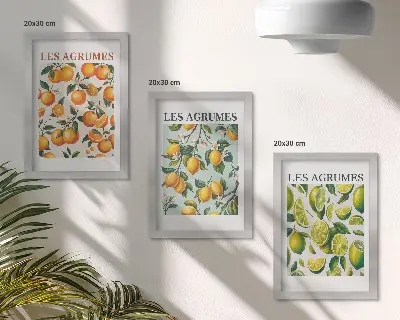 Composizione di 3 quadri motivi fruttati e agrumati con colori pastello