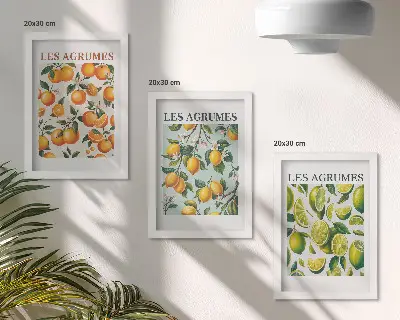 Composizione di 3 quadri motivi fruttati e agrumati con colori pastello