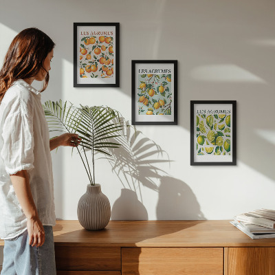 Composizione di 3 quadri Motivi fruttati agrumati in colori pastello