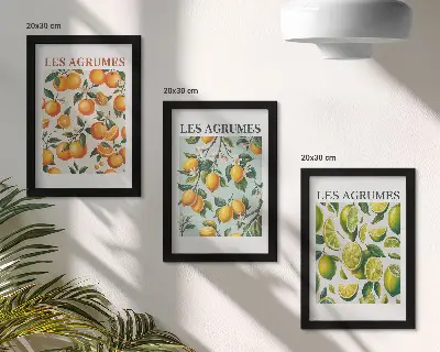 Composizione di 3 quadri motivi fruttati e agrumati con colori pastello