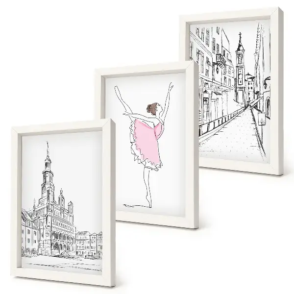 Trittico incorniciato con immagini eleganti di ballerine danzanti e architettura