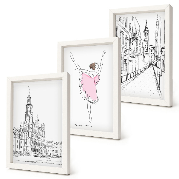 Trittico incorniciato Eleganti immagini di ballerine danzanti e architettura.