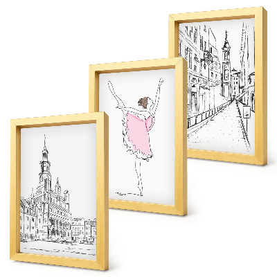 Trittico incorniciato Eleganti immagini di ballerine danzanti e architettura.