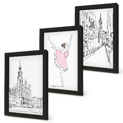 Trittico incorniciato Eleganti immagini di ballerine danzanti e architettura.