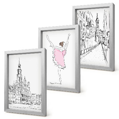 Trittico incorniciato Eleganti immagini di ballerine danzanti e architettura.