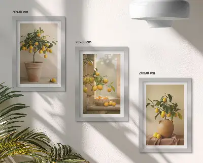Composizione di 3 quadri con alberi di limoni in vaso sul davanzale