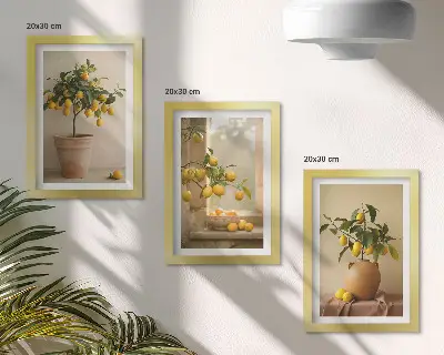 Composizione di 3 quadri con alberi di limoni in vaso sul davanzale