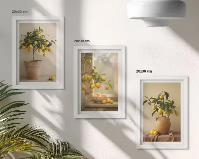 Composizione di 3 quadri con alberi di limoni in vaso sul davanzale