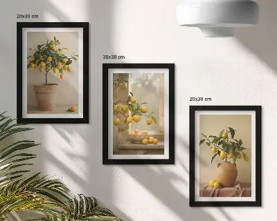 Composizione di 3 quadri con alberi di limoni in vaso sul davanzale