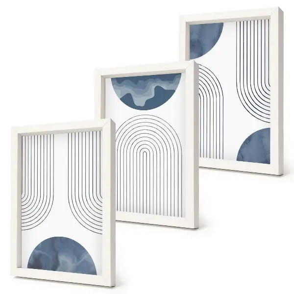 Trittico incorniciato con motivi astratti nei toni del blu e del bianco
