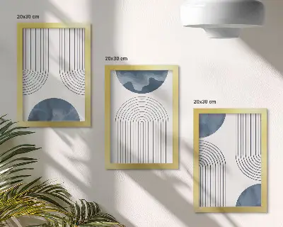 Trittico incorniciato con motivi astratti nei toni del blu e del bianco