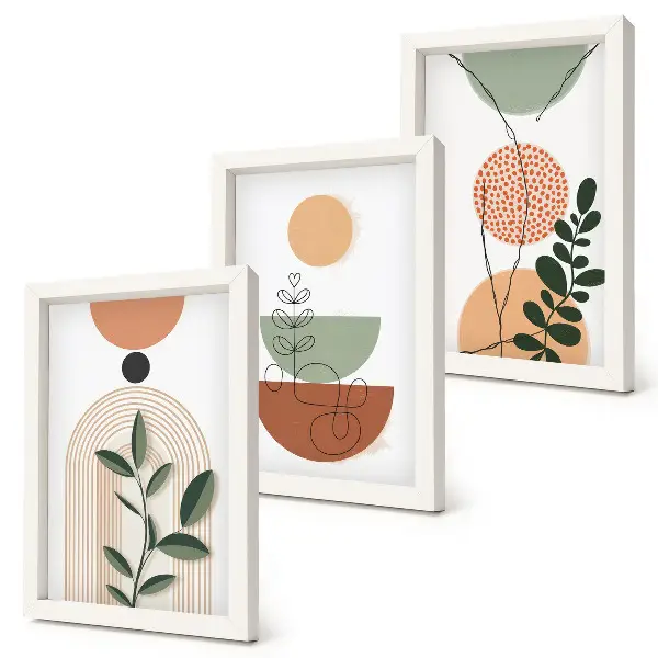 Composizione di 3 quadri con forme astratte e motivi vegetali colorati