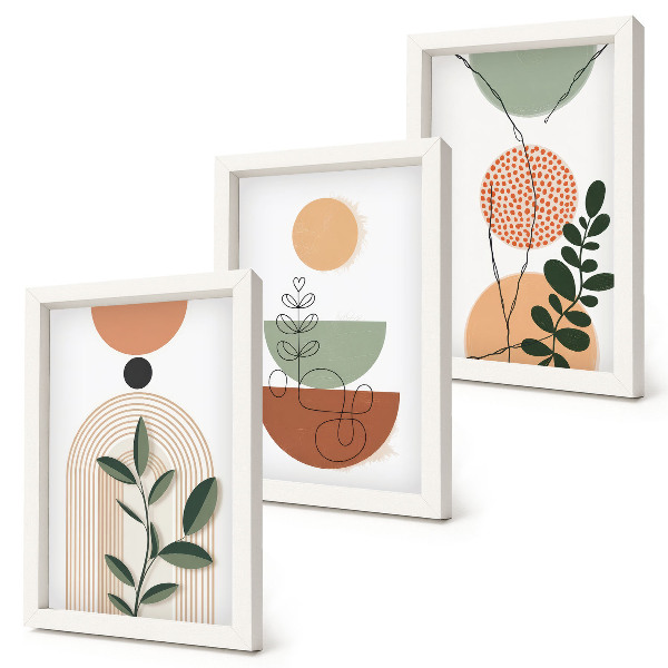 Composizione di 3 quadri Forme astratte con motivi vegetali colorati