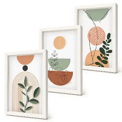 Composizione di 3 quadri con forme astratte e motivi vegetali colorati