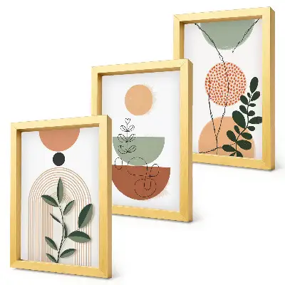 Composizione di 3 quadri con forme astratte e motivi vegetali colorati
