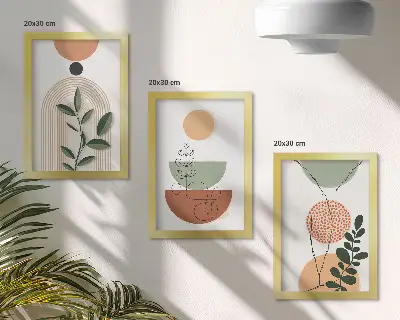 Composizione di 3 quadri con forme astratte e motivi vegetali colorati