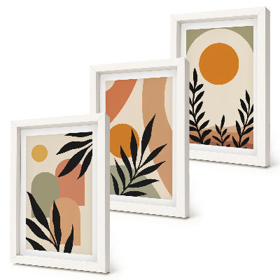 Composizione di 3 quadri Forme astratte e motivi vegetali in colori caldi