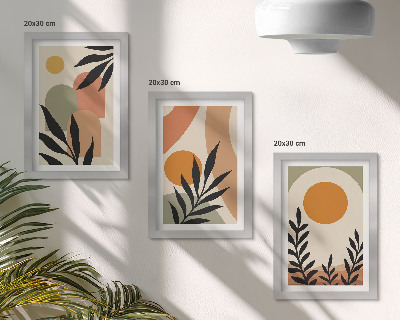 Composizione di 3 quadri Forme astratte e motivi vegetali in colori caldi