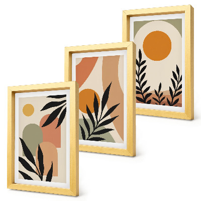 Composizione di 3 quadri Forme astratte e motivi vegetali in colori caldi