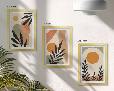 Composizione di 3 quadri Forme astratte e motivi vegetali in colori caldi