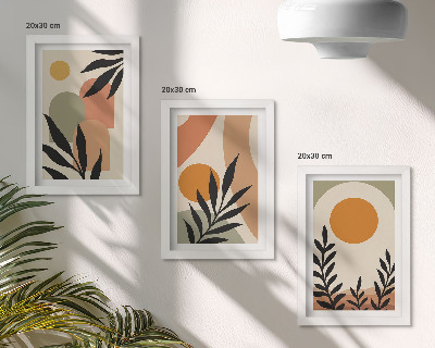 Composizione di 3 quadri Forme astratte e motivi vegetali in colori caldi