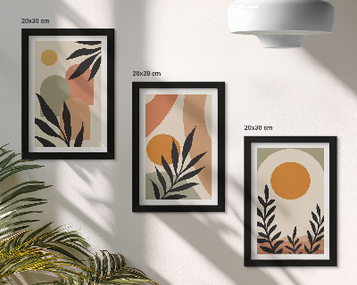 Composizione di 3 quadri Forme astratte e motivi vegetali in colori caldi