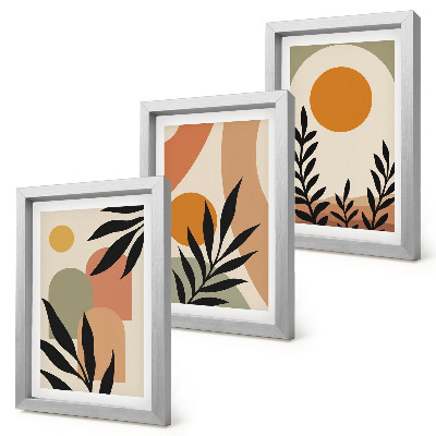Composizione di 3 quadri Forme astratte e motivi vegetali in colori caldi