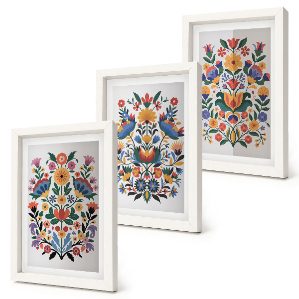 Trittico incorniciato Motivi floreali dai colori intensi su sfondo bianco