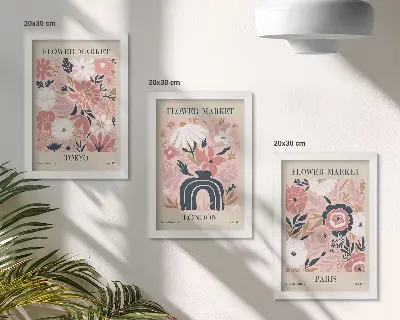 Trittico incorniciato con motivi floreali ispirati a Tokyo, Londra e Parigi