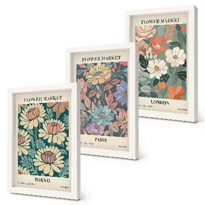 Trittico di poster floreali con soggetti Tokyo, Parigi e Londra su cornici