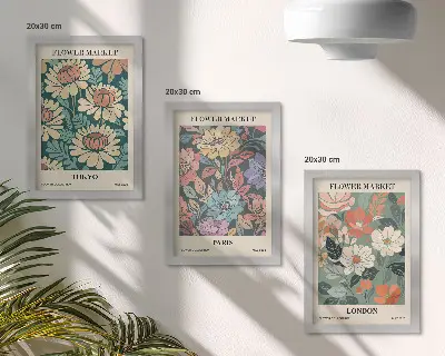 Trittico di poster floreali con soggetti Tokyo, Parigi e Londra su cornici