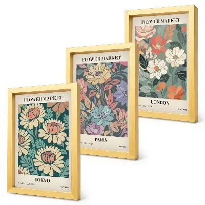 Trittico di poster floreali con soggetti Tokyo, Parigi e Londra su cornici