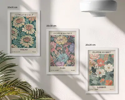 Trittico di poster floreali con soggetti Tokyo, Parigi e Londra su cornici
