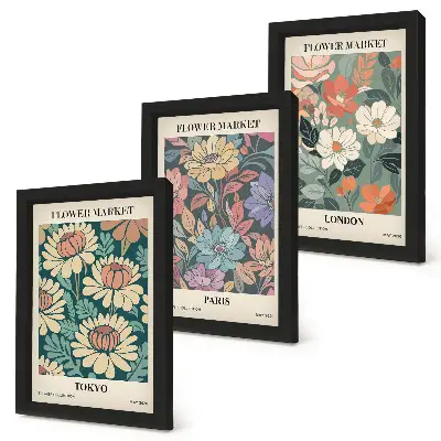 Trittico di poster floreali con soggetti Tokyo, Parigi e Londra su cornici