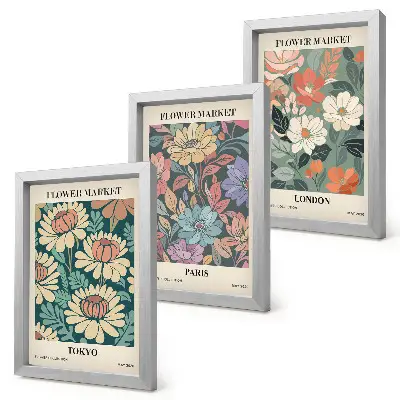 Trittico di poster floreali con soggetti Tokyo, Parigi e Londra su cornici