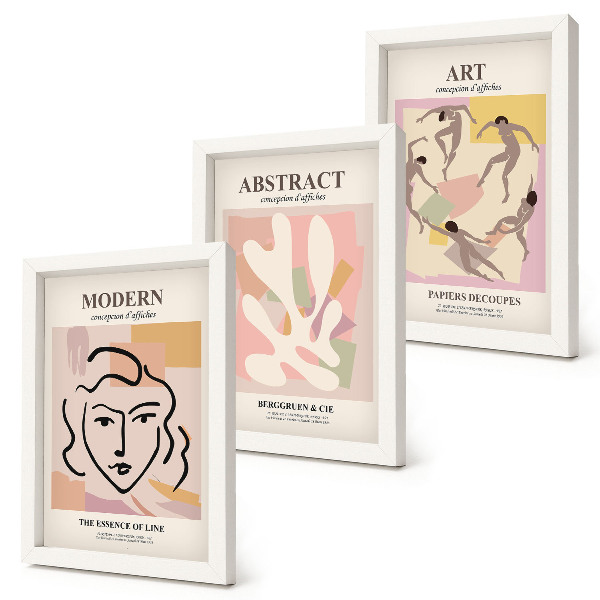 Composizione di 3 quadri Ritratti eleganti e forme astratte in colori pastello