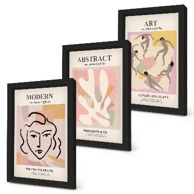 Composizione di 3 quadri Ritratti eleganti e forme astratte in colori pastello