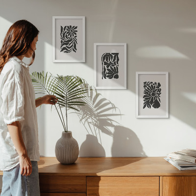 Trittico incorniciato Motivi astratti di piante in diverse tonalità di nero