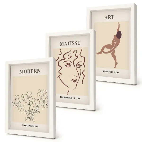 Composizione di 3 quadri con grafica elegante raffigurante fiori, volti e figure umane