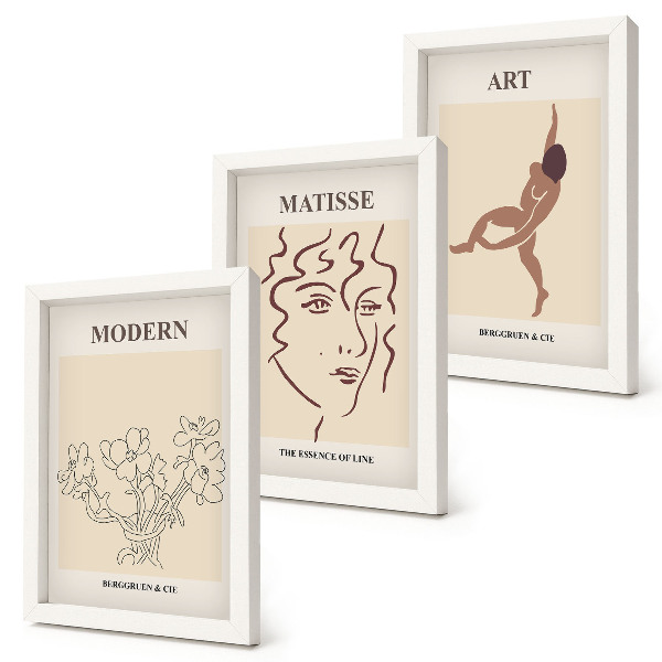 Composizione di 3 quadri Grafica elegante con fiori, volti e figure umane.