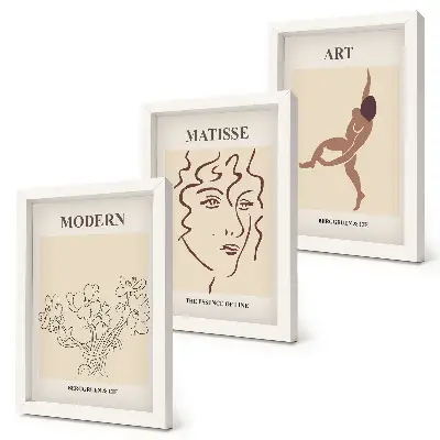 Composizione di 3 quadri con grafica elegante raffigurante fiori, volti e figure umane