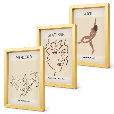 Composizione di 3 quadri con grafica elegante raffigurante fiori, volti e figure umane