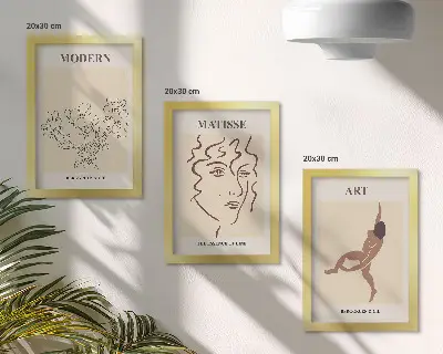 Composizione di 3 quadri con grafica elegante raffigurante fiori, volti e figure umane