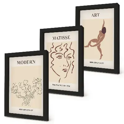 Composizione di 3 quadri con grafica elegante raffigurante fiori, volti e figure umane