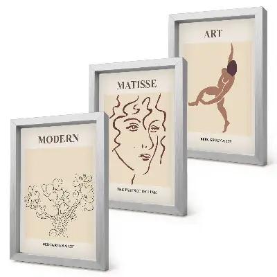 Composizione di 3 quadri con grafica elegante raffigurante fiori, volti e figure umane