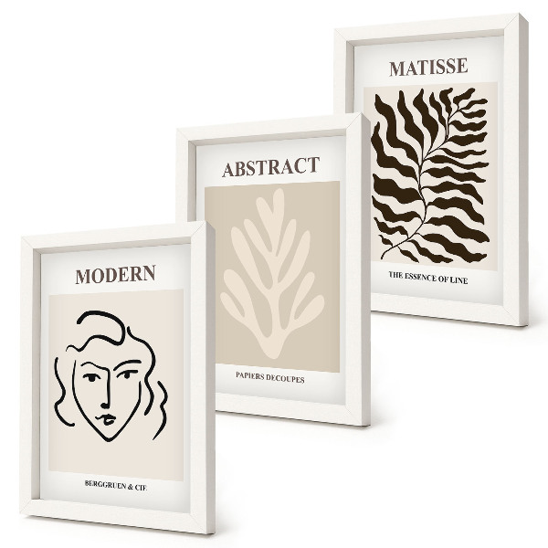 Composizione di 3 quadri Illustrazioni di volti e foglie tratte dalle opere grafiche di Henri Matisse.
