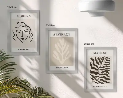 Composizione di 3 quadri con illustrazioni di volti e foglie ispirate alle opere grafiche di Henri Matisse