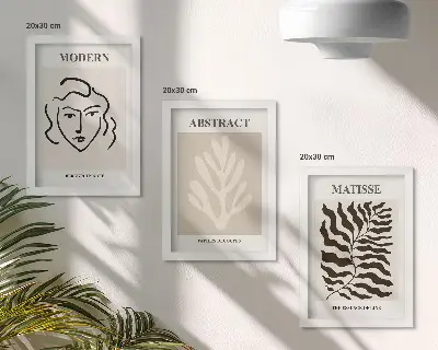 Composizione di 3 quadri con illustrazioni di volti e foglie ispirate alle opere grafiche di Henri Matisse
